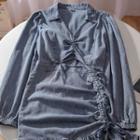 Long-sleeve Drawstring Cutout Denim Mini Sheath Dress
