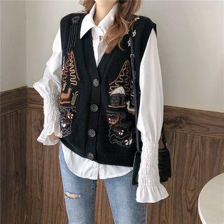 Graphic Print Button Sweater Vest