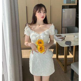 Ruched V-neck Short-sleeve Mini Sheath Dress