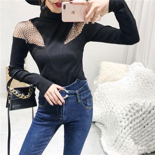 Fishnet Panel Long-sleeve Turtleneck T-shirt