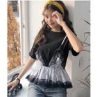 Mock Two Piece Lace Trim Striped Panel Short Sleeve T-shirt