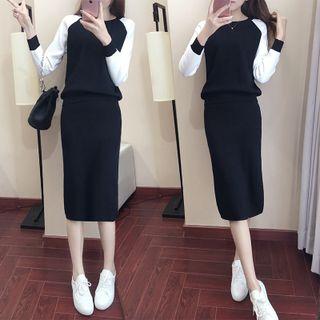 Set: Two-tone Pullover + High-waist Midi Straight-fit Skirt