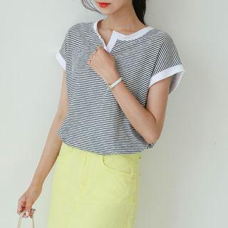 Notched Neckline Cap-sleeve Striped T-shirt