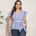 Plus Size Cap-sleeve Striped Top