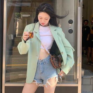 Single-breasted Plain Blazer Light Green - One Size