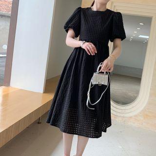 Short-sleeve Plaid Mesh Midi Dress