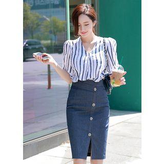 V-neck Short-sleeve Striped Blouse