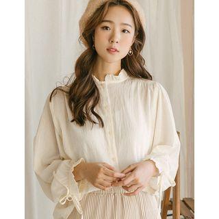 Stand-collar Beribboned Crinkled Blouse Ivory - One Size