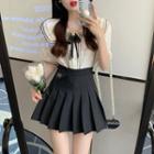 Short-sleeve Floral Shirt / Mini Pleated Skirt / Set