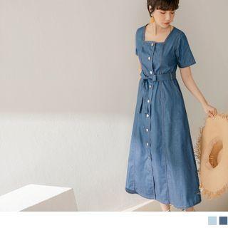 Short Sleeve Square Neck Button-front Denim Midi Dress