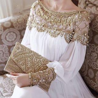 Puff-sleeve Beaded Maxi A-line Dress