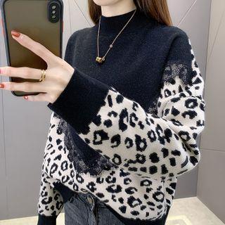 Mock-neck Leopard Print Knit Top