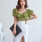 Set: Floral Print Short Sleeve Chiffon Top + Plain Midi Pencil Skirt