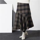Asymmetric Ruffle Maxi Plaid Skirt