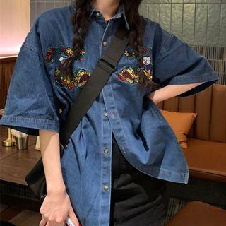 Elbow-sleeve Floral Denim Shirt Denim Blue - One Size