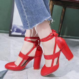 Faux Leather Lace-up Chunky Heel Sandals