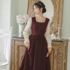 Mock Two-piece Puff-sleeve Lace-up Midi Dress