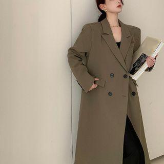 Double-breasted Lapel Long Blazer Khaki Green - One Size