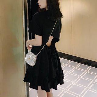 Short-sleeve Open Back Plain Dress