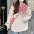 Letter Embroidered Faux Shearling Hoodie Raspberry Pink & Beige - One Size