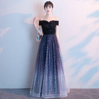 Elbow-sleeve / Cap-sleeve Sequin Gradient A-line Gown