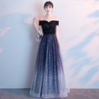 Elbow-sleeve / Cap-sleeve Sequin Gradient A-line Gown
