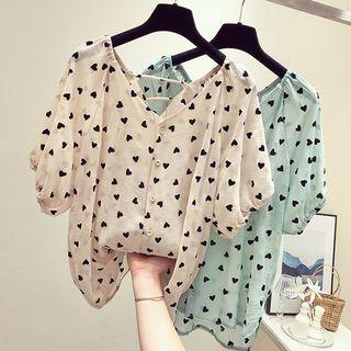 Heart Print Elbow-sleeve V-neck Blouse
