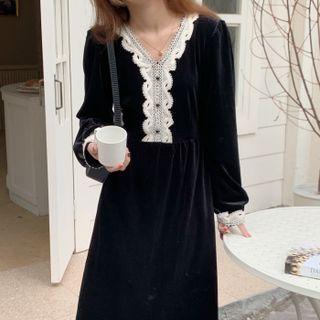 V-neck Lace Trim Midi A-line Dress Black - One Size
