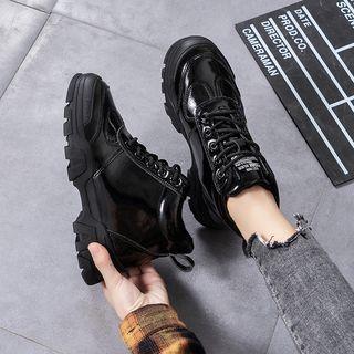 Fleece-lined Patent Lace-up Ankle Boots