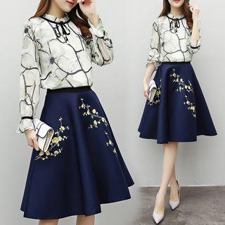Set: Floral Print Chiffon Blouse + Flower Embroidered Midi Skirt