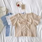 Plain Single-breasted V-neck Slim-fit Short-sleeve Blouse