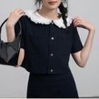 Set: Short-sleeve Contrast Collar Cropped Blouse + Mini A-line Skirt