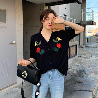 Floral Print Short-sleeve Knit Cardigan