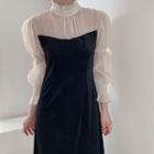 Long-sleeve Dot Print Mesh Panel Midi Dress Black & White - One Size