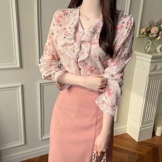 Ruffled Floral Chiffon Blouse Pink - One Size