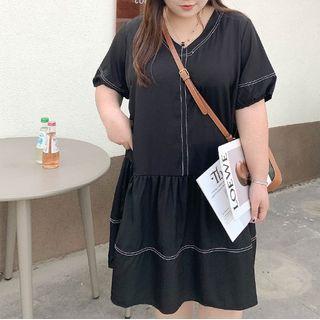 Puff-sleeve Contrast Stitching Midi A-line Dress