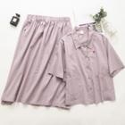 Set: Short-sleeve Shirt + A-line Skirt Set Of 2 - Shirt & Skirt - Purple - One Size