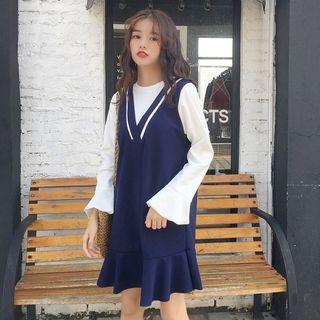 Ruffle Hem Long-sleeve Mock Two-piece Dress