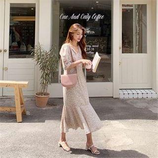 Puff-sleeve Ruffle-hem Dress Ivory - One Size