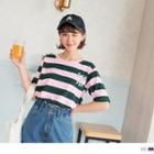 Short Sleeve Lettering Striped T-shirt