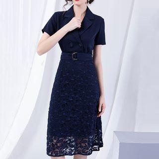 Mock Two-piece Lace Short-sleeve Midi Collared Dress