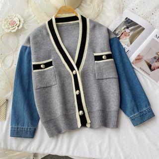 Denim Sleeve Contrast Trim Knit Cardigan