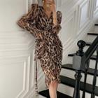 Long-sleeve Leopard Pattern Lace-up Dress