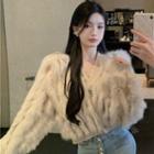 V-neck Heart Button Furry Jacket