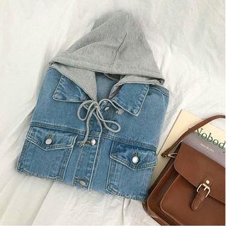 Mock-two Loose-fit Hooded Denim Jacket Blue - One Size
