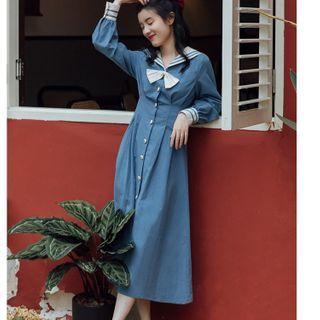 Long-sleeve Sailor-collar Button-up Midi Dress