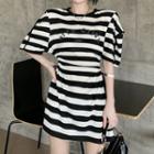 Elbow-sleeve Striped T-shirt Dress Striped - Black & White - One Size