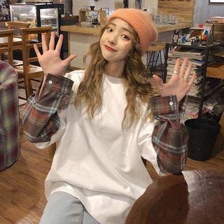 Plaid Sleeve Mock Two-piece T-shirt