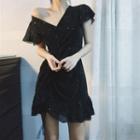 Cap-sleeve Tie-waist Glitter Mini A-line Dress
