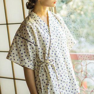 Loungewear Set: Printed Elbow-sleeve Wrap Top + Shorts